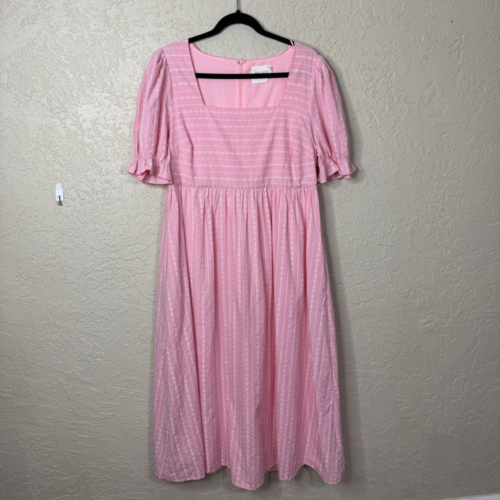 Hyacinth House Womens Embroidered Pink Midi Dress Size L Cottagecore Puff Sleeve